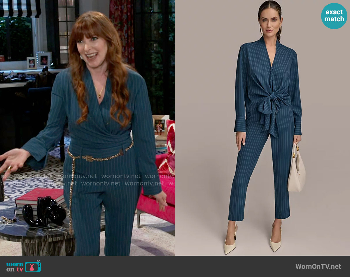 Donna Karan Tie-Front Pinstripe Blouse worn by Pamela Curtis (Cady McClain) on Beyond the Gates