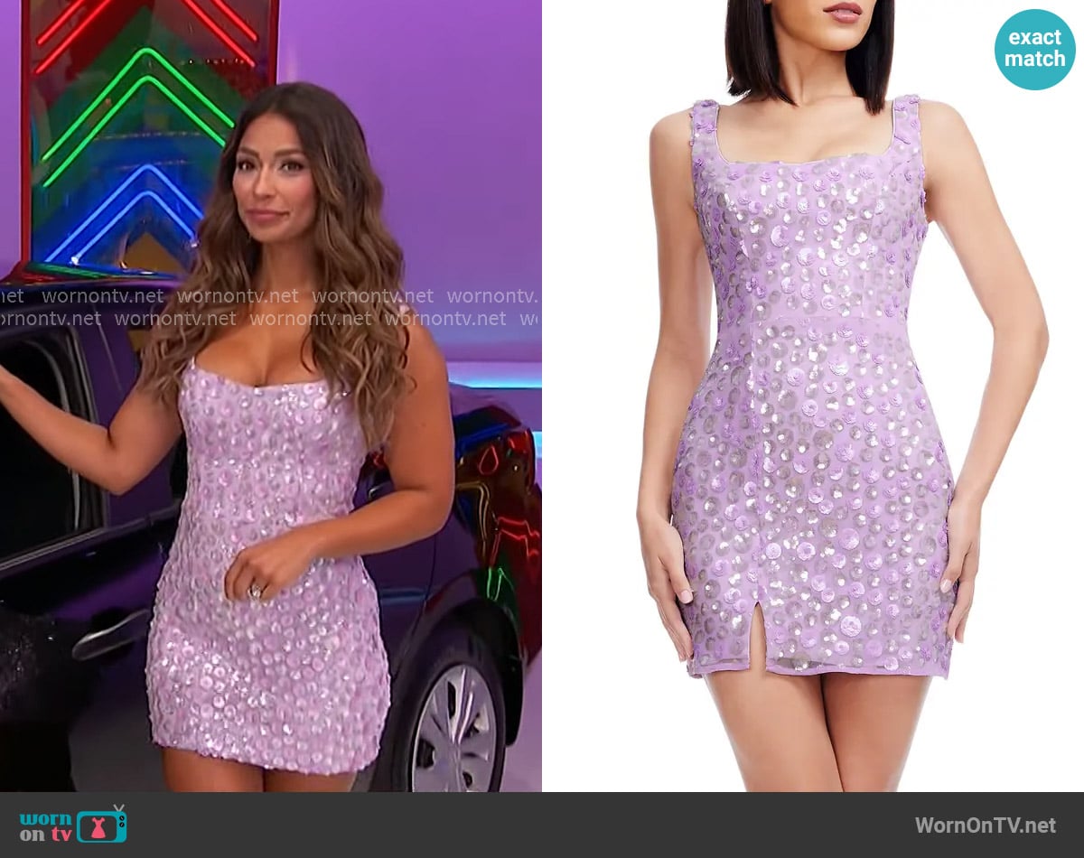 Dress the Population Moxie Dress in Lilac Multi worn by Manuela Arbeláez on The Price is Right