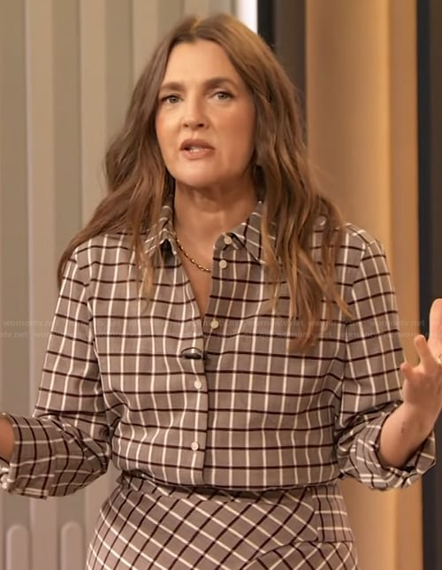 Drew’s gray check print shirt and skirt on The Drew Barrymore Show