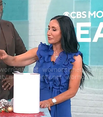 Elizabeth Werner’s blue ruffled jumpsuit on CBS Mornings
