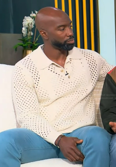 Elliott Cooper’s white open knit polo sweater on Tamron Hall Show