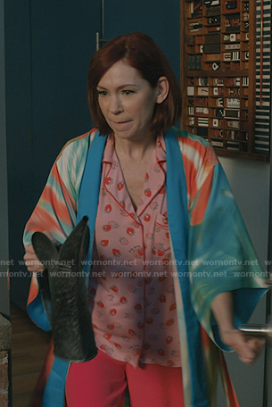 Elsbeth’s pink strawberry print pajama and robe on Elsbeth