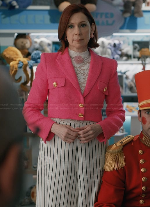 Elsbeth’s pink tweed blazer and striped pants on Elsbeth