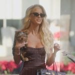 Emma’s brown metallic pinstripe top and mini skirt on Selling Sunset