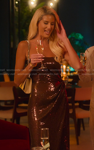 Emma’s brown sequin strapless gown on Selling Sunset