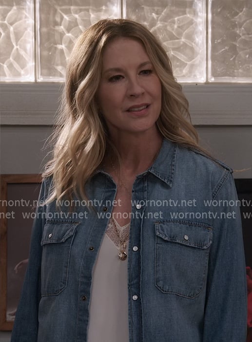 Eve’s white lace cami and denim shirt on Shifting Gears