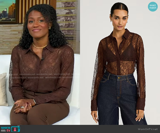 Express Sheer Lace Essential Shirt in chocolate2015 worn by Janai Norman on Good Morning America