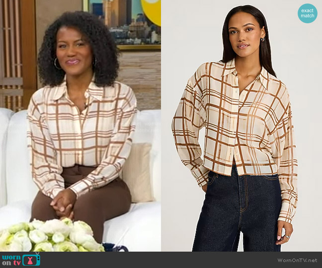 Express Sheer Plaid Cropped Boyfriend Shirt in Print 82 worn by Janai Norman on Good Morning America