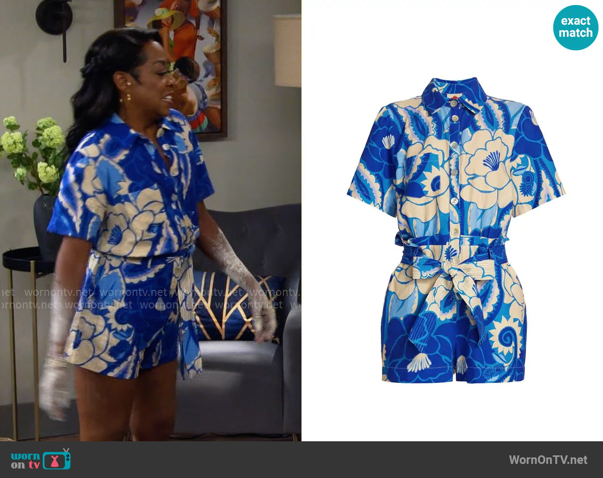 Farm Rio Tropical Groove Belted Romper worn by Tina Butler (Tichina Arnold) on The Neighborhood
