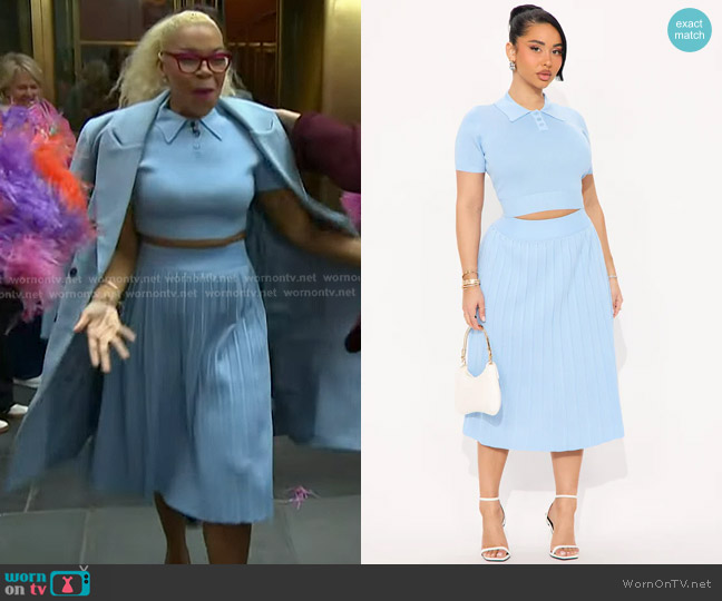 Fashion Nova Preppy Attitude Sweater Skirt Set in Light Blue worn by Tiffany Drummond on Today