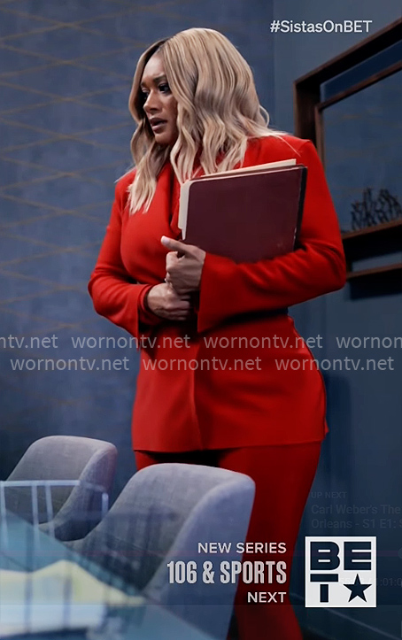 Fatima’s red suit on Tyler Perrys Sistas