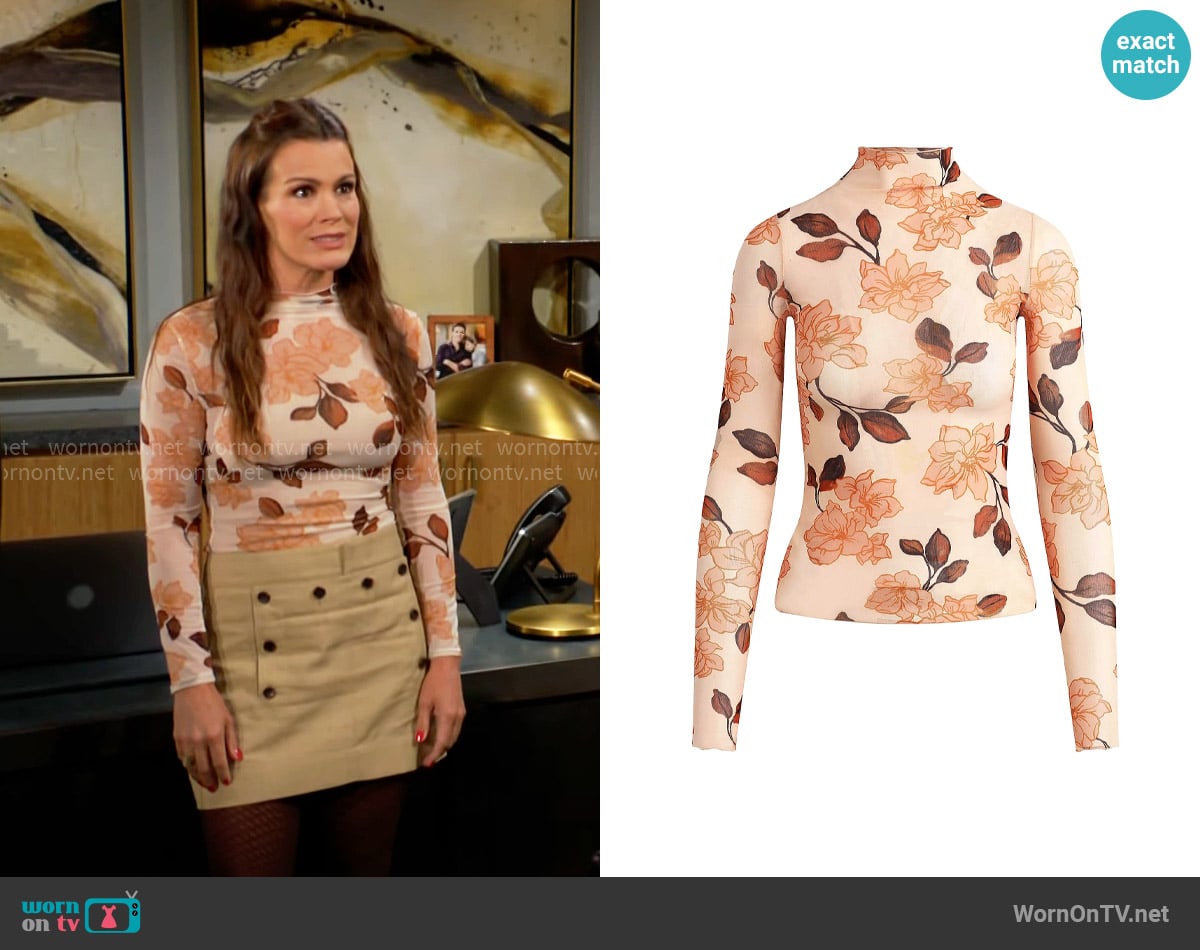 Favorite Daughter The Sheer Fantasy Mock Neck Top in Bare Roses worn by Chelsea Lawson (Melissa Claire Egan) on The Young and the Restless