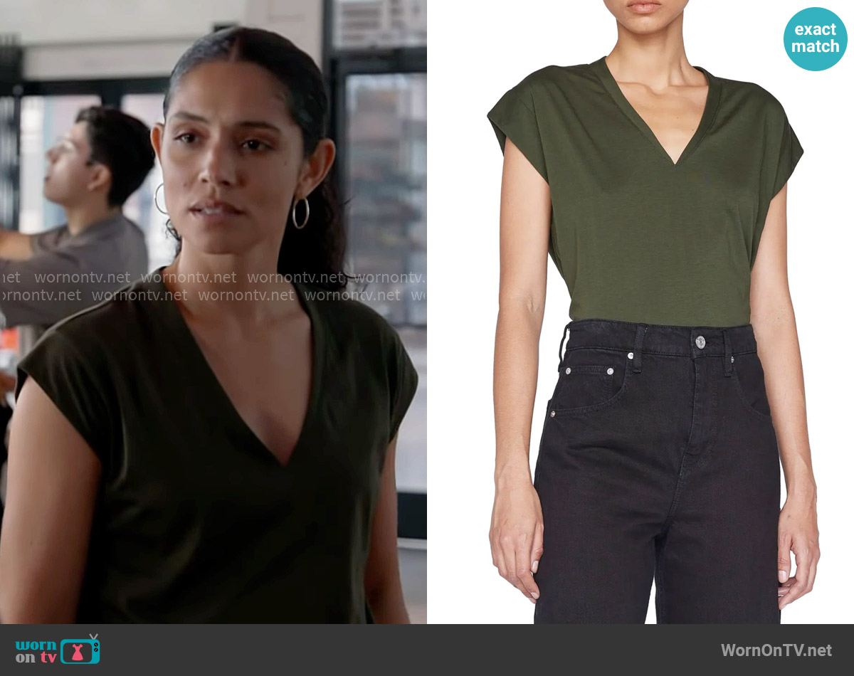 Frame Le Mid Rise V-Neck T-Shirt in Surplus worn by Stella Kidd (Miranda Rae Mayo) on Chicago Fire