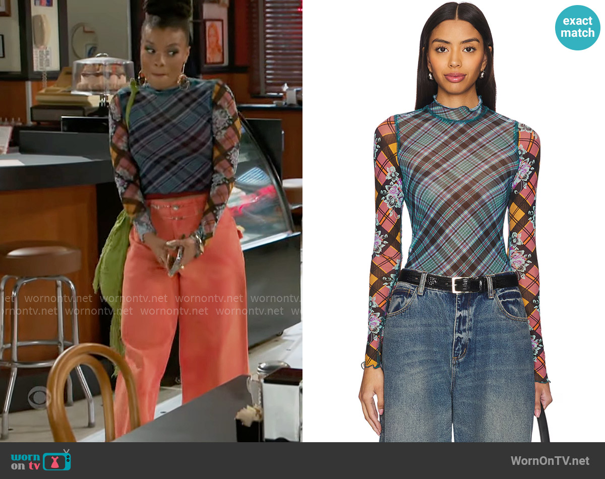 Free People x Revolve Chloe Printed Mesh Top worn by Eva Thomas (Ambyr Michelle) on Beyond the Gates