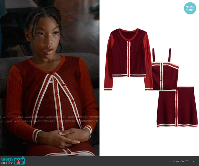 Freshman 3-Piece Sweater Tank, Skirt & Cardigan Set in Burgundy Orange worn by Mara Driskell (Askyler Bell) on 9-1-1
