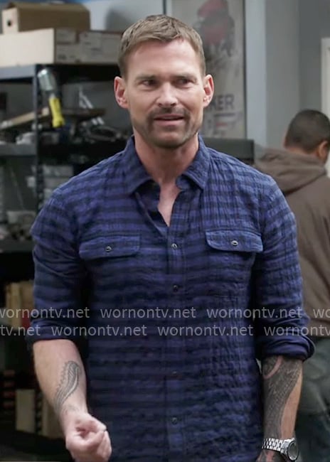 Gabe’s blue textured check shirt on Shifting Gears