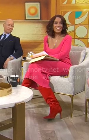 Gayle King’s pink scoop neck rib knit dress on CBS Mornings