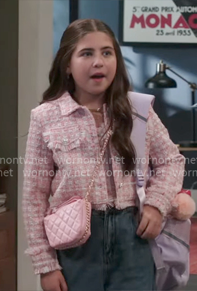 Georgia’s pink tweed jacket on Shifting Gears