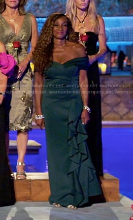Gerri’s green off-shoulder ruffle gown on The Golden Bachelor