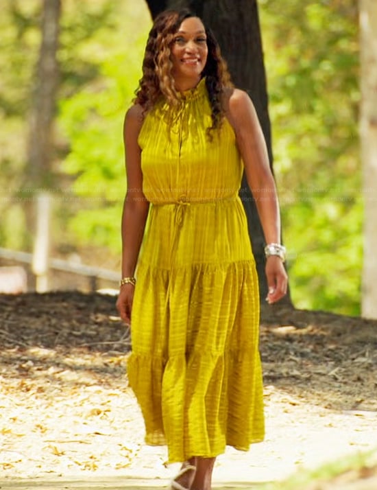 Gerri’s yellow tie front dress on The Golden Bachelor