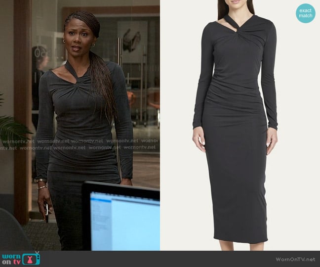 Giorgio Armani Twisted Long-Sleeve Midi-Dress in Grey worn by Jax Stewart (Emayatzy Corinealdi) on Reasonable Doubt
