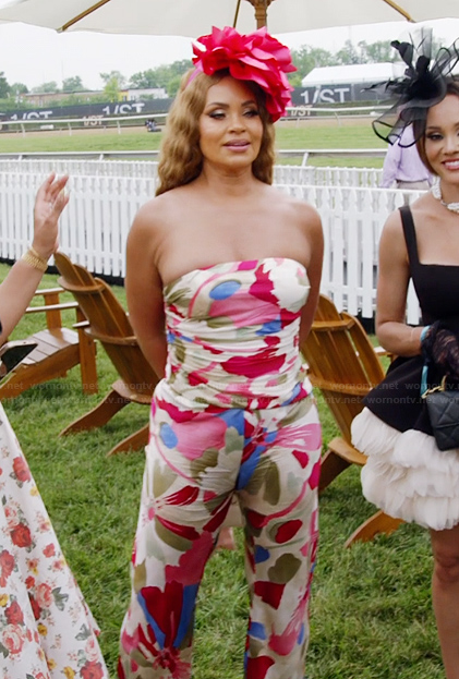 Gizelle’s floral strapless top and pants on The Real Housewives of Potomac