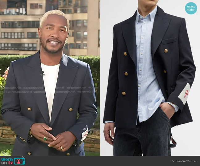 Golden Goose Double-Breasted Gabardine Blazer in Dark Blue worn by Scott Evans on Access Hollywood