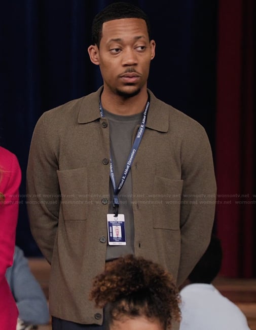 Gregory’s brown cardigan on Abbott Elementary