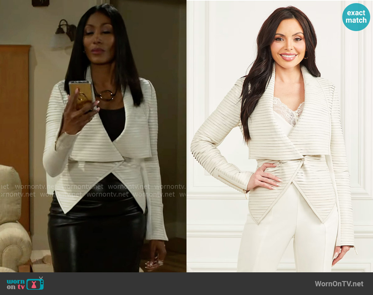 Guess Shayna Drape Leather Jacket in White worn by Dana 'Leslie' Thomas (Trisha Mann-Grant) on Beyond the Gates