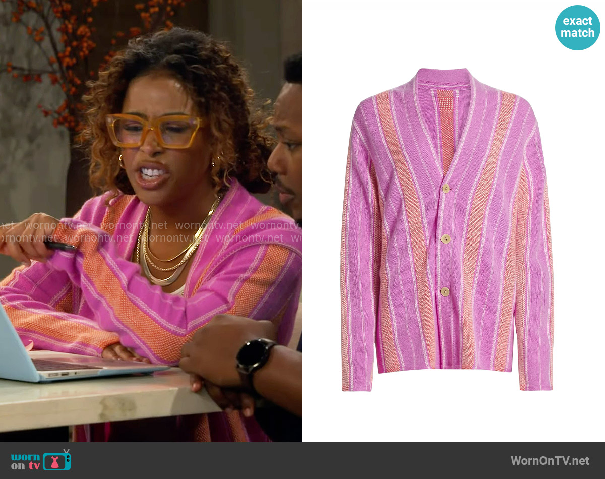 Guest in Residence Baja Everywear Striped Cashmere Cardigan in Fuchsia worn by Courtney (Skye Townsend) on The Neighborhood