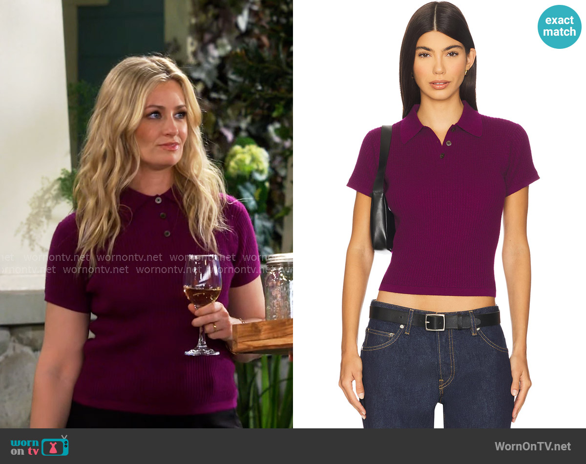 Guest in Residence Shrunken Cashmere Polo Top in Aubergine worn by Gemma (Beth Behrs) on The Neighborhood