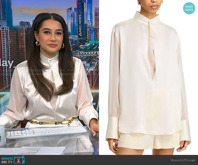 Helmut Lang Silk Charmeuse Cowlneck Shirt in Ivory worn by Morgan Radford on NBC News Daily