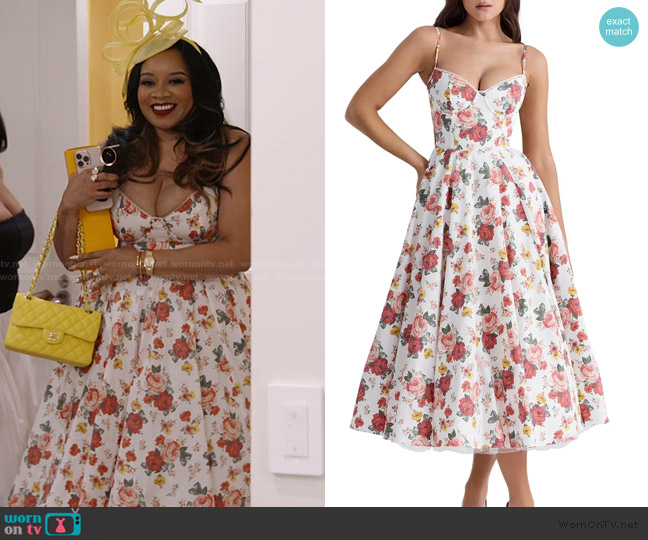 House of CB Mademoiselle Bustier Stretch Satin Midi Dress worn by Angel Massie on The Real Housewives of Potomac