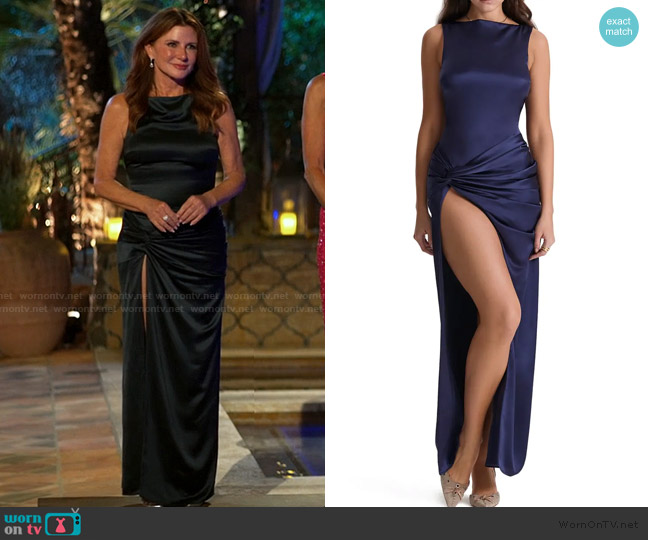 House of CB Roxanne Slit Satin Maxi Dress worn by Cindy Angelcyk Cullers on The Golden Bachelor