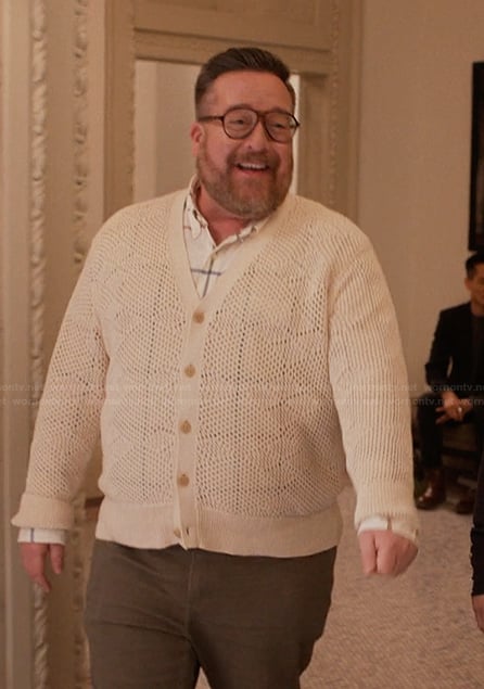 Howard’s beige argyle knit cardigan on Only Murders in the Building