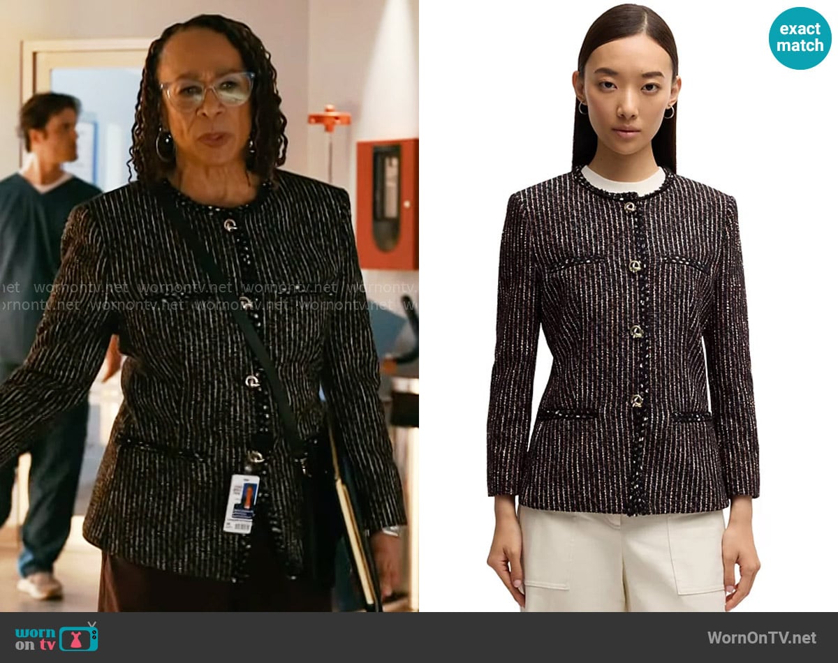 Hugo Boss Slim-fit blazer in multicolored bouclé worn by Sharon Goodwin (S. Epatha Merkerson) on Chicago Med
