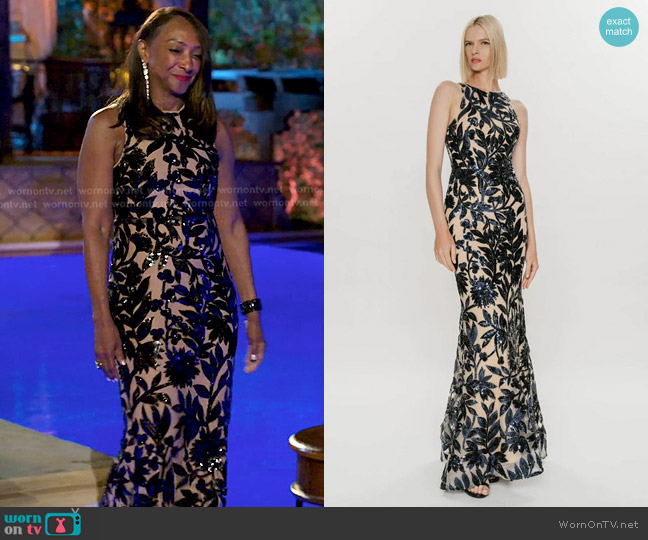 Hynes Park Floral Sequin Halter Sheath Gown worn by Monica Brewer on The Golden Bachelor