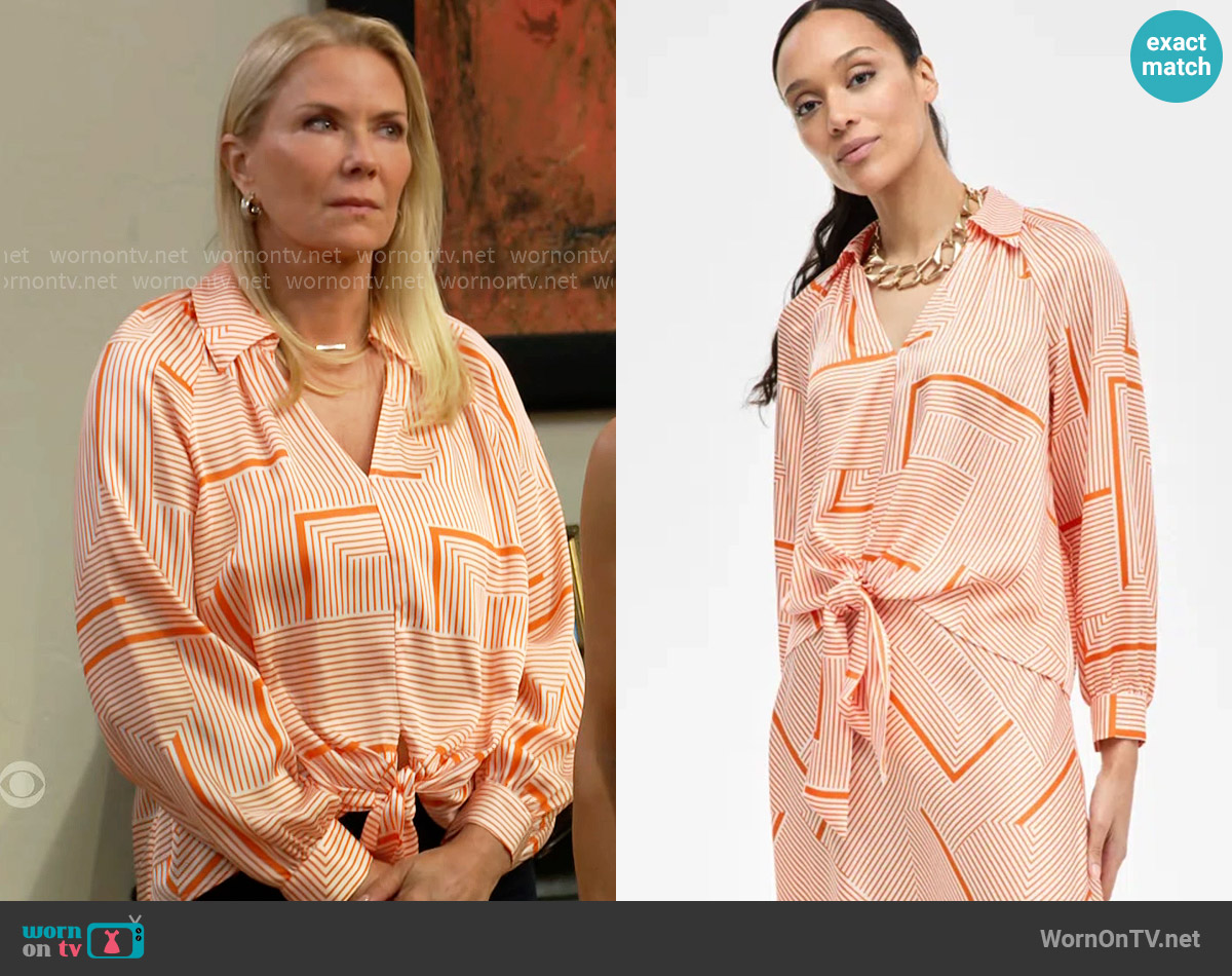 INC International Concepts Printed Tie-Front Blouse worn by Brooke Logan (Katherine Kelly Lang) on The Bold and the Beautiful
