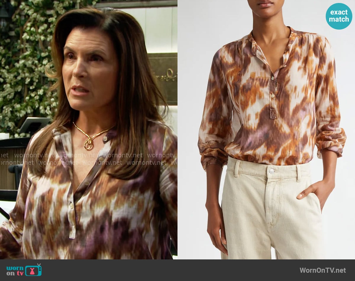 Isabel Marant Etoile Maria Print Cotton Shirt in Ecru / Ochre worn by Sheila Carter (Kimberlin Brown) on The Bold and the Beautiful