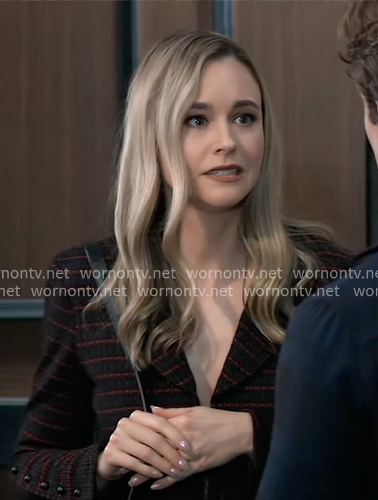 Jacinda’s black and red striped jacket on General Hospital
