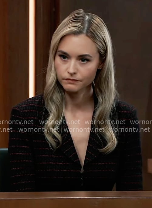 Jacinda’s black and red striped jacket on General Hospital