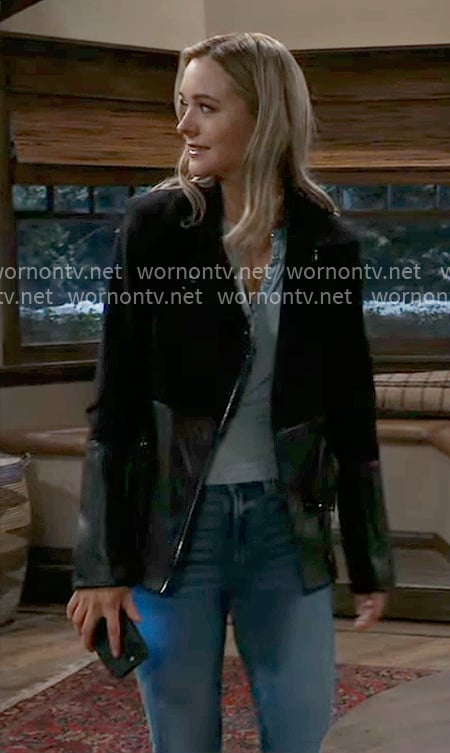 Jacinda’s black leather detail jacket on General Hospital
