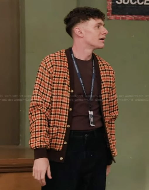 Jacob’s check print cardigan on Abbott Elementary