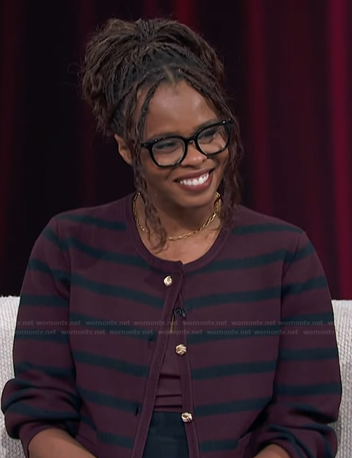 Jacqueline Coley’s striped cardigan on Access Hollywood