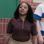 Janine’s brown ribbed short sleeve sweater on Abbott Elementary