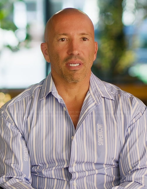 Jason’s blue stripe confessional shirt on Selling Sunset