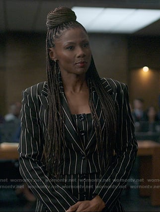 Jax’s black striped crop blazer and dress on Reasonable Doubt