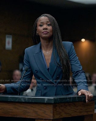 Jax’s navy doube breasted blazer on Reasonable Doubt