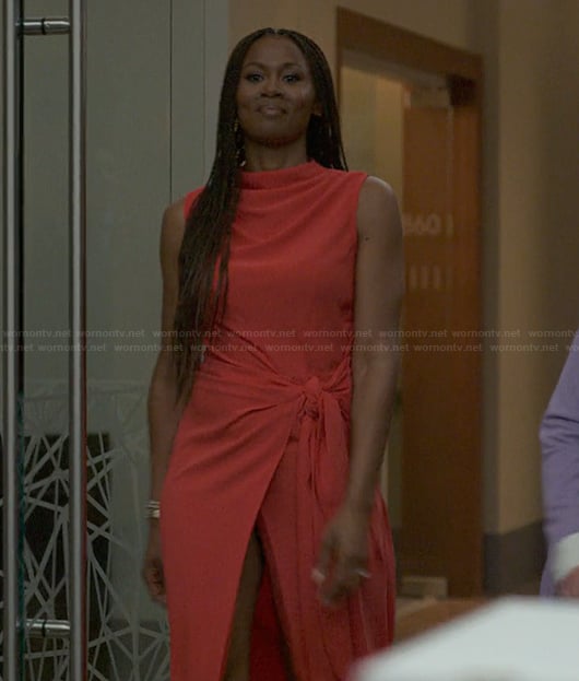 Jax’s red tie front maxi dress on Reasonable Doubt