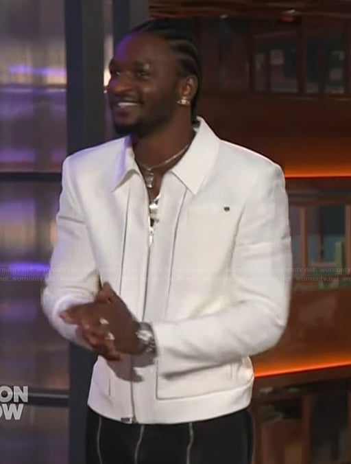 Jay Will’s white jacket and pants on The Kelly Clarkson Show